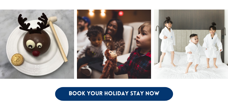 A three collage picture. First picture is a Reindeer shaped chocolate dessert, second picture is a family sitting and playing in the screening room, third picture is three toddlers wearing mini hotel robes jumping on the bed. Underneath is a button with a text that says "BOOK YOUR HOLIDAY STAY NOW"