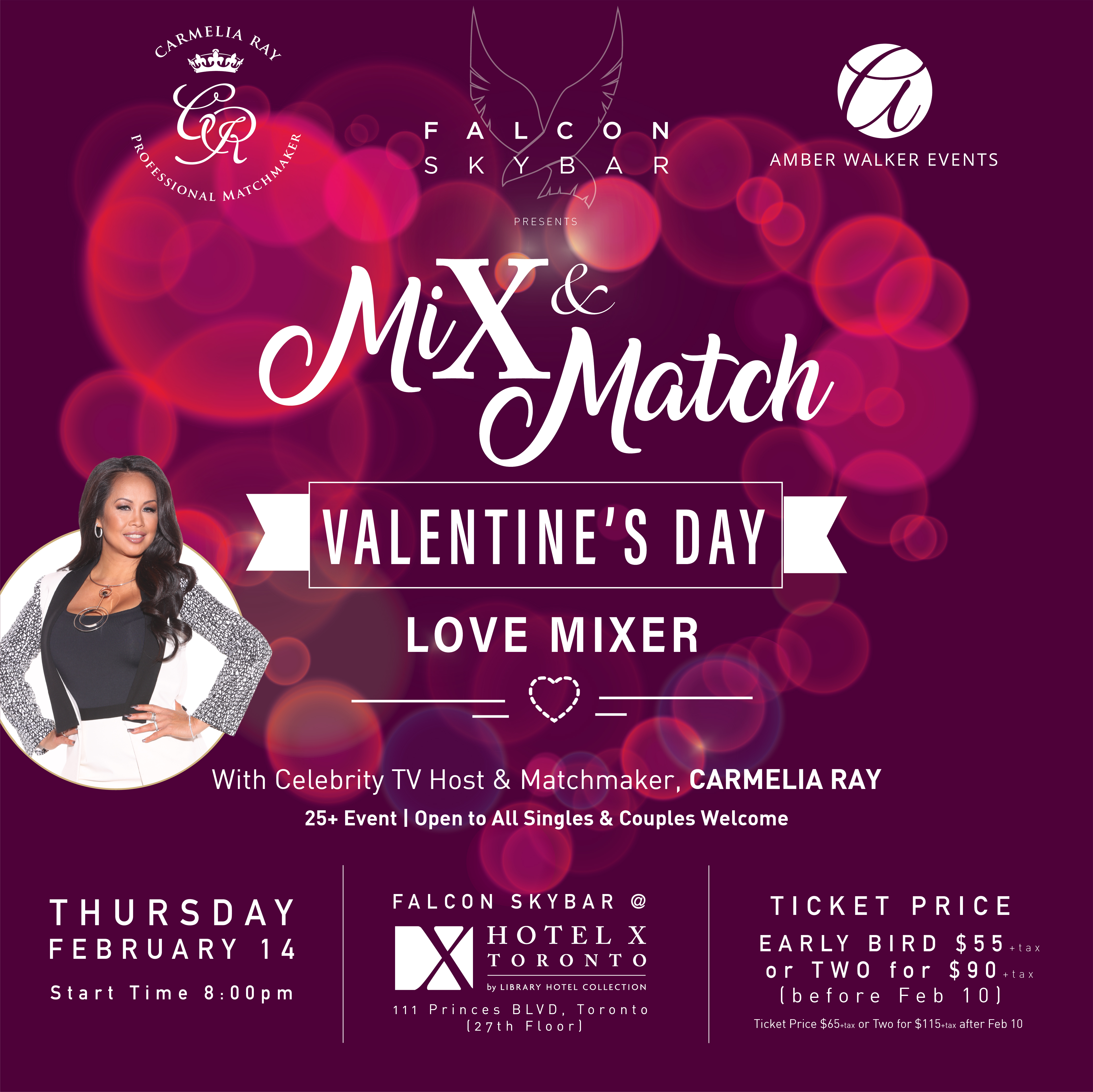 This is a flyer for the Mix & Match event, hosted by Carmelia Ray, for Valentine's Day in Hotel X Toronto.